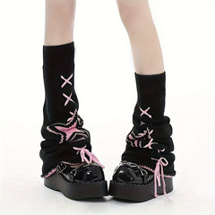 Chic Star-Patterned Cross-Tie Knit Leg Warmers for Women - Fashionable Over-the-Knee Socks, Polyester - KawaSocks