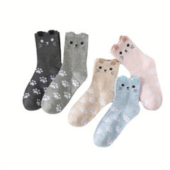 5 Pairs of Cute Cat Footprint Warm Cotton Socks, Cartoon Three-dimensional Ears Mid-Calf Socks, Women's Socks - KawaSocks