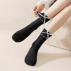 4pcs Versatile Women'S Socks, Mid-calf Lace Socks, Cute Bow Decoration, Women'S Bow Socks, Casual Black, White, Beige, Soft and Breathable Socks, Suitable for All Levels 4, Suitable for Most Shoes - KawaSocks