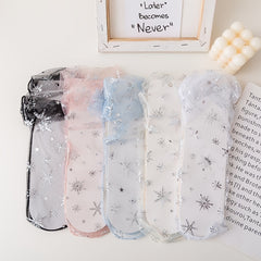 Spring And Summer Women'S Transparent Thin Mesh Calf Socks, Sweet Butterfly Knot Snowflake Chiffon Socks - KawaSocks