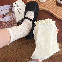 4 Pairs of White Wave Lace Jk Socks Women's Medium Socks Ins Fashion Summer Thin Japanese Cute Stacked Stockings - KawaSocks