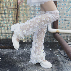 1 Pair Women’s White Lace Leg Warmers with Ruffled Edge & Floral Pattern – Sheer Butterfly Mesh Over Knee Socks, Delicate Polyester Boot Covers for Casual Style - KawaSocks