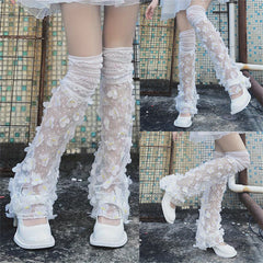 1 Pair Women’s White Lace Leg Warmers with Ruffled Edge & Floral Pattern – Sheer Butterfly Mesh Over Knee Socks, Delicate Polyester Boot Covers for Casual Style - KawaSocks