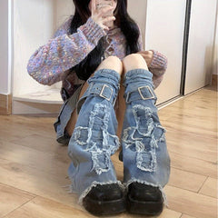 1 Pair Y2K Inspired Blue Denim Leg Warmers - Elegant Acrylic Knee-High Socks with Geometric Pattern, Tie-Up Closure for Women | Handwash/Dry Clean, Perfect for Stylish Commuters - KawaSocks