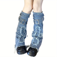 1 Pair Y2K Inspired Blue Denim Leg Warmers - Elegant Acrylic Knee-High Socks with Geometric Pattern, Tie-Up Closure for Women | Handwash/Dry Clean, Perfect for Stylish Commuters - KawaSocks