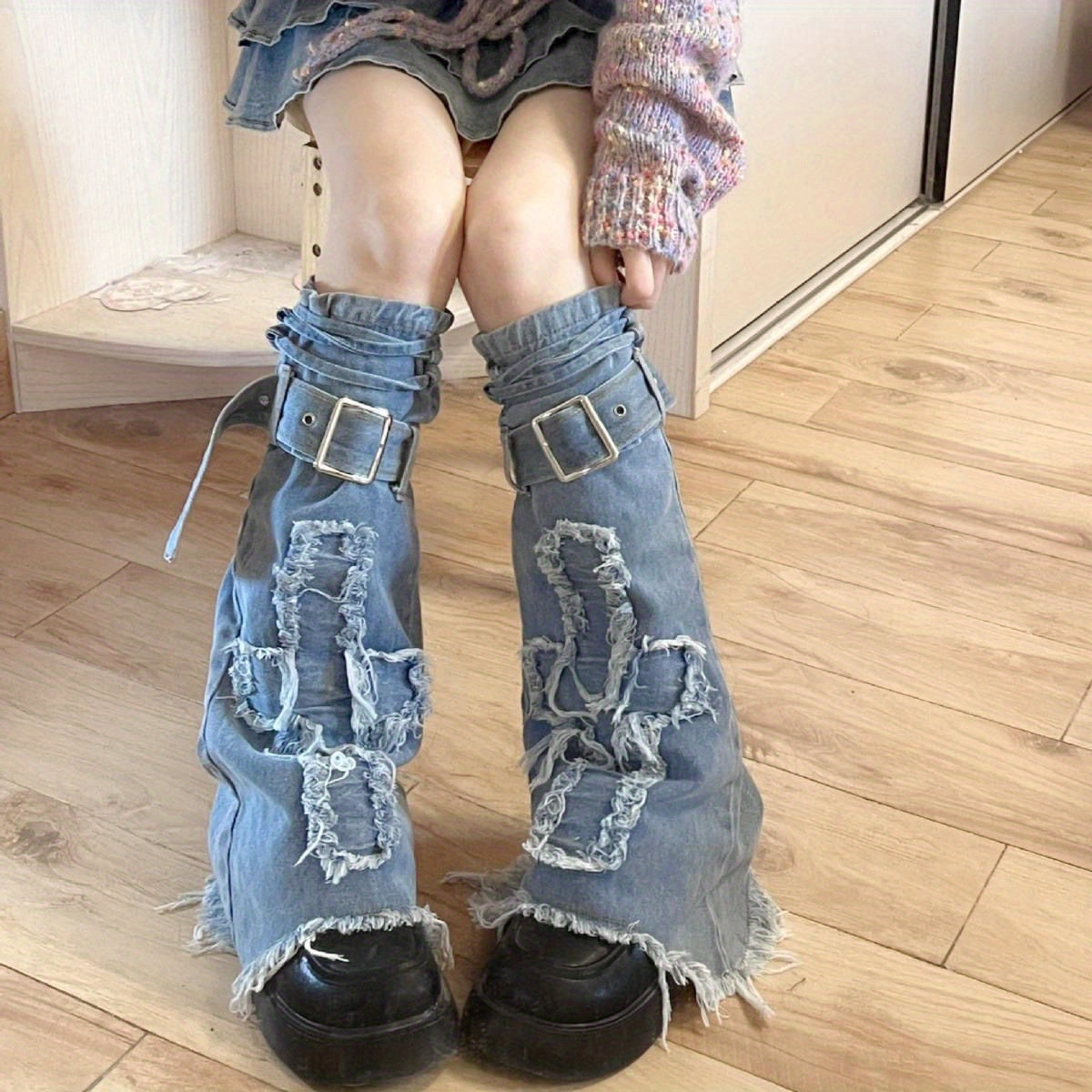 1 Pair Y2K Inspired Blue Denim Leg Warmers - Elegant Acrylic Knee-High Socks with Geometric Pattern, Tie-Up Closure for Women | Handwash/Dry Clean, Perfect for Stylish Commuters - KawaSocks