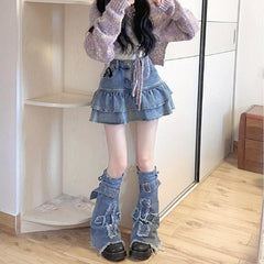 1 Pair Y2K Inspired Blue Denim Leg Warmers - Elegant Acrylic Knee-High Socks with Geometric Pattern, Tie-Up Closure for Women | Handwash/Dry Clean, Perfect for Stylish Commuters - KawaSocks