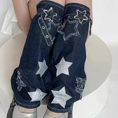 IKIOU Women'S Y2K Style Denim Leg Warmers, Star Embroidery Sequin, Acrylic 100% Knit Fabric, 300g/m² Mesh Long Socks, Winter Fashion Trendy Over-the-Calf Socks - KawaSocks