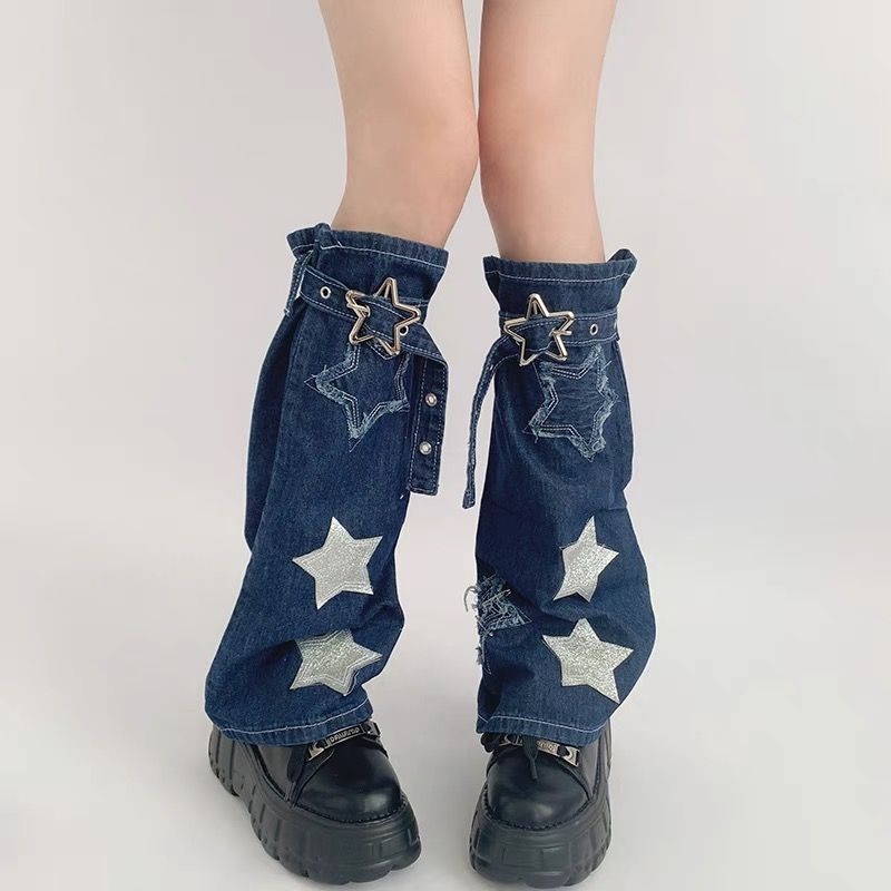 IKIOU Women'S Y2K Style Denim Leg Warmers, Star Embroidery Sequin, Acrylic 100% Knit Fabric, 300g/m² Mesh Long Socks, Winter Fashion Trendy Over-the-Calf Socks - KawaSocks