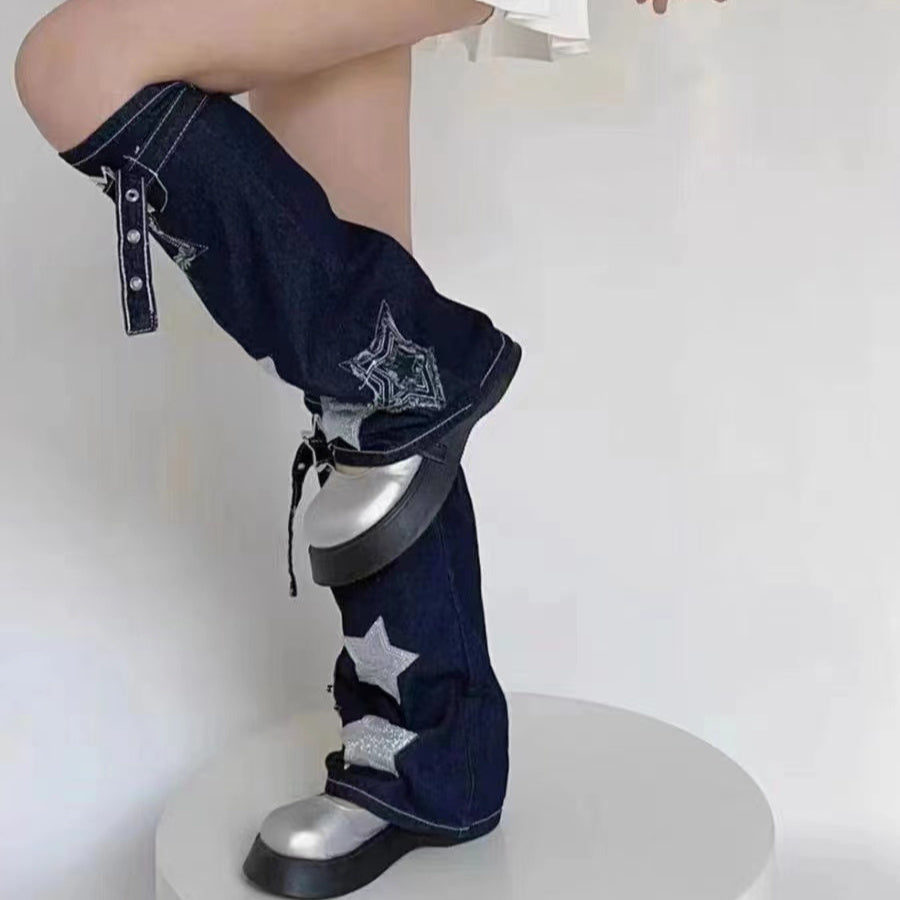 IKIOU Women'S Y2K Style Denim Leg Warmers, Star Embroidery Sequin, Acrylic 100% Knit Fabric, 300g/m² Mesh Long Socks, Winter Fashion Trendy Over-the-Calf Socks - KawaSocks