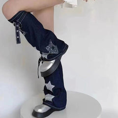 IKIOU Women'S Y2K Style Denim Leg Warmers, Star Embroidery Sequin, Acrylic 100% Knit Fabric, 300g/m² Mesh Long Socks, Winter Fashion Trendy Over-the-Calf Socks - KawaSocks