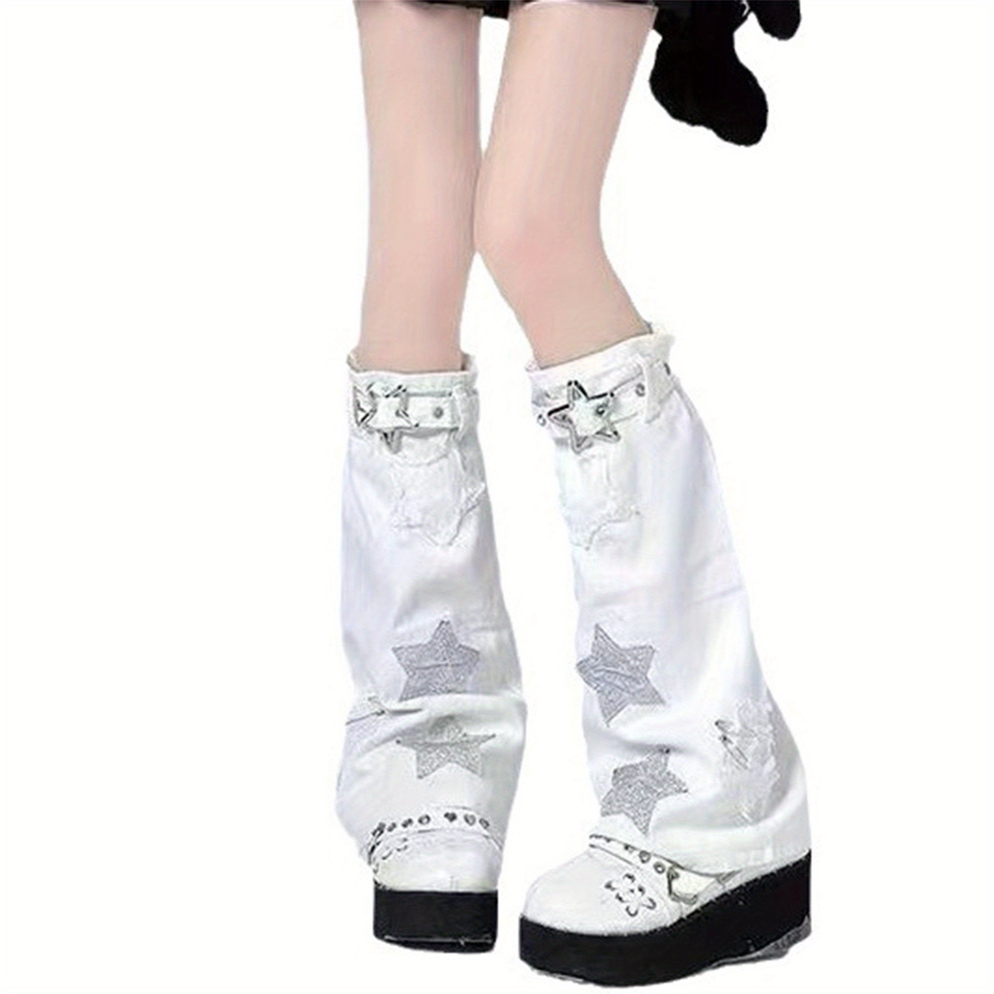 Women's Fashion Flared Knee-High Socks with Five-Pointed Star Patch, Knitted Polyester Leg Warmers for Themed Party - KawaSocks