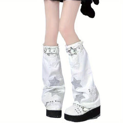 Women's Fashion Flared Knee-High Socks with Five-Pointed Star Patch, Knitted Polyester Leg Warmers for Themed Party - KawaSocks