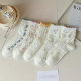 5 Pairs WhimsyWear Women'S Ruffle Socks - Casual Cute All-Season Hand Wash Only Non-Woven Fabric with Colorful Embroidery Patterns - KawaSocks