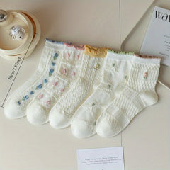 5 Pairs WhimsyWear Women'S Ruffle Socks - Casual Cute All-Season Hand Wash Only Non-Woven Fabric with Colorful Embroidery Patterns - KawaSocks