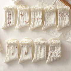 9 pairs of bow print and floral flower socks, cute sweet and versatile breathable ruffle socks, women's stockings and socks, suitable for autumn, winter and Christmas - KawaSocks
