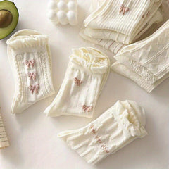 9 pairs of bow print and floral flower socks, cute sweet and versatile breathable ruffle socks, women's stockings and socks, suitable for autumn, winter and Christmas - KawaSocks