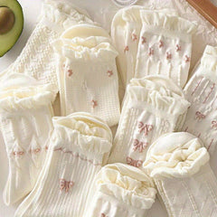 9 pairs of bow print and floral flower socks, cute sweet and versatile breathable ruffle socks, women's stockings and socks, suitable for autumn, winter and Christmas - KawaSocks