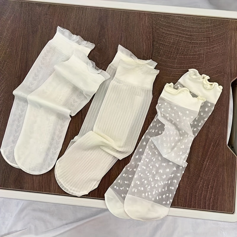 3 Pairs Ultra-Thin Breathable Ice Lace Socks for Women'S Breathable Mesh Pile Up Socks, Cute And Versatile Heelless Socks for Girls Thin Socks - KawaSocks