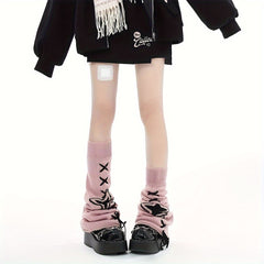 Chic Star-Patterned Cross-Tie Knit Leg Warmers for Women - Fashionable Over-the-Knee Socks, Polyester - KawaSocks