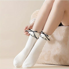 4pcs Versatile Women'S Socks, Mid-calf Lace Socks, Cute Bow Decoration, Women'S Bow Socks, Casual Black, White, Beige, Soft and Breathable Socks, Suitable for All Levels 4, Suitable for Most Shoes - KawaSocks
