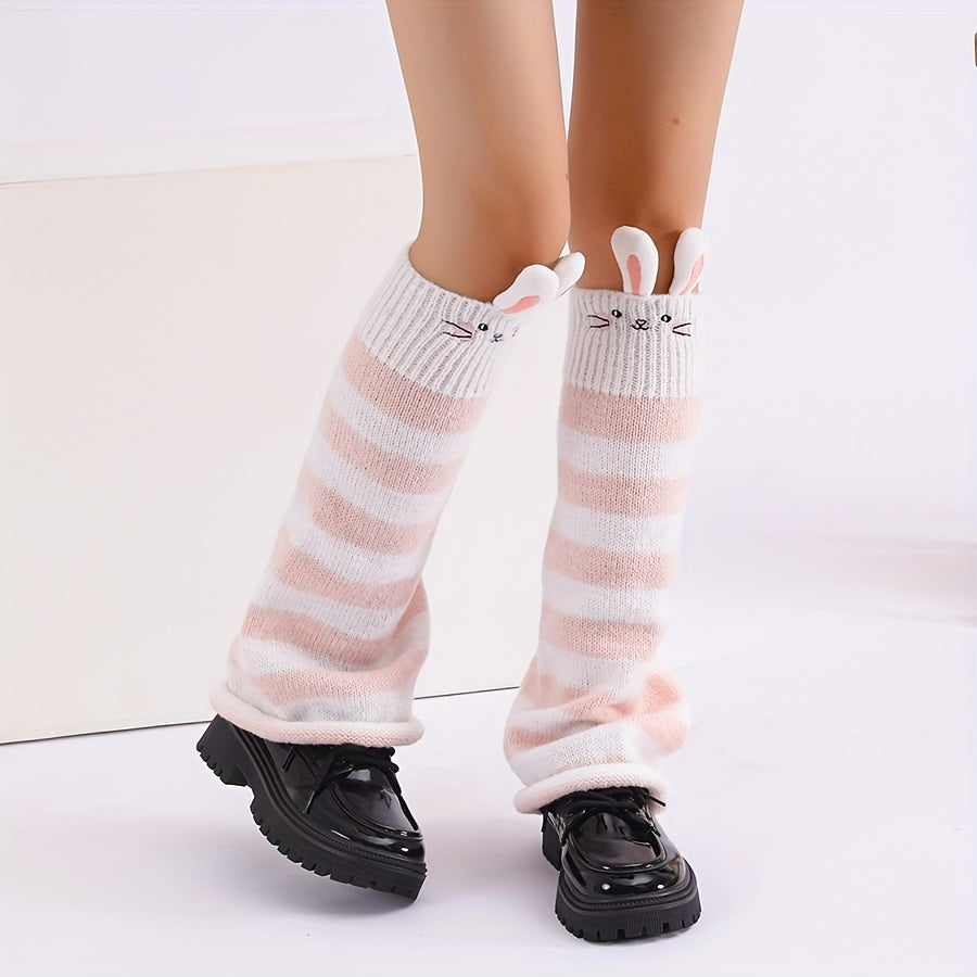 Rabbit Pattern Knitted Leg Warmers, Cute & Sweet Knee High Socks for Fall & Winter, Women's Stockings & Hosiery - KawaSocks