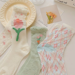 6 Pairs Of Women Mesh Floral Print Lace Trimmed Crew Socks, Soft Comfy Cotton Blend Women's Socks For All Seasons Wearing - KawaSocks