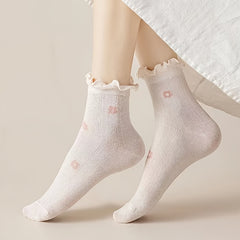 5pcs Women's Breathable Mesh Mid-Calf Socks with Floral Print & Lettuce Trim - Comfortable Polyester Blend, Machine Washable - KawaSocks