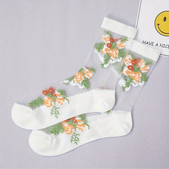 3 Pairs Women Floral Lace Mesh Spring Summer Socks Lightweight Breathable Mid Tube Socks - KawaSocks