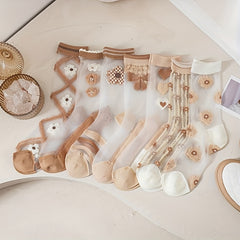 7 Pairs Women’s Crystal Silky Socks - Ultra-Thin Medium Tube, Mixed Colors with Heart & Floral Designs, Spring/Summer Japanese Korean Style, Delicate Transparent Patterns for Casual or Dressy Outfits, Cute Socks - KawaSocks