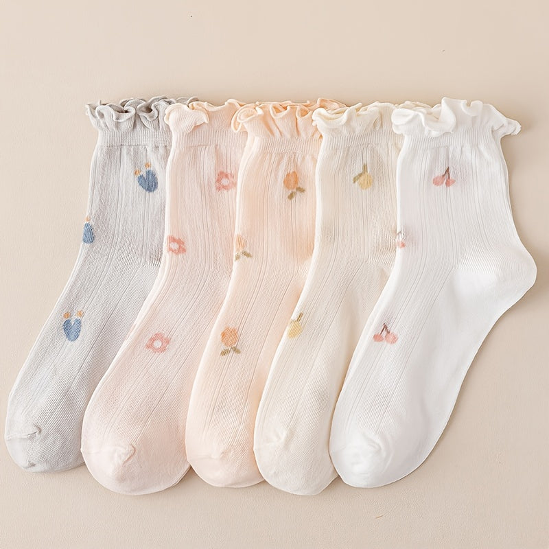 5 Pairs Women'S Floral Polyester Knit Fabric Socks, Breathable Sweat-Absorbent Mid-Calf Length with Elastic Band, Cute Fruit Pattern, Soft Ruffled Edge, Machine Washable - KawaSocks