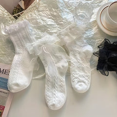 6 Pairs of Whimsical Bow Ruffled Lace Trim Mid Tube Socks - Women's Japanese Style Stockings & Hosiery with Sweet Details - Perfect for Casual Wear, Gift Idea, and Year-Round Fashion - KawaSocks