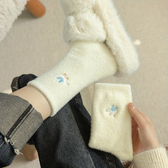 4pcs Cozy Fleece-Lined Women's Socks - Cute Animal Embroidery, Thick & Warm Mid-Calf Winter Home Socks - KawaSocks