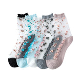 5 Pairs Women Transparent Sheer Mesh Short Socks Ultrathin Elastic Stockings Anklets Embroidery Flower Cute Socks - KawaSocks