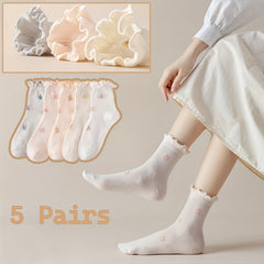 5 Pairs Women'S Floral Polyester Knit Fabric Socks, Breathable Sweat-Absorbent Mid-Calf Length with Elastic Band, Cute Fruit Pattern, Soft Ruffled Edge, Machine Washable - KawaSocks