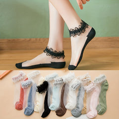 10pcs Women’s Delicate Lace Trim Ankle Socks - Breathable Polyester, Assorted Pastel Colors (Pink, Blue, White, Black & More), Japanese-Inspired Glass Crystal Fairy Design, Perfect for Summer & Casual Wear, Versatile Fashio - KawaSocks