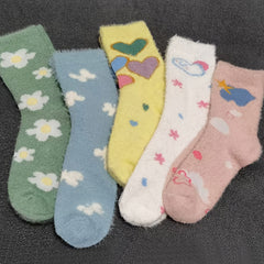 5 Pairs Floral & Butterfly Pattern Socks, Cute & Sweet Fluffy Warm Mid Tube Socks For Fall & Winter, Women's Stockings & Hosiery - KawaSocks