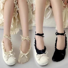 1/2 Pair of Lace Socks for Women, Black and White Lace Boat Socks with Lace Ties, Thin Ballet Style, 'S Bow, Mary Jane - KawaSocks