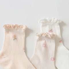 5pcs Women's Breathable Mesh Mid-Calf Socks with Floral Print & Lettuce Trim - Comfortable Polyester Blend, Machine Washable - KawaSocks