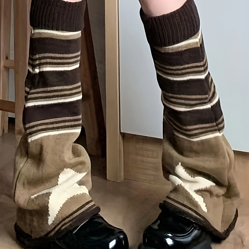 1 Pair Women's Fashionable Knit Leg Sleeves with Asymmetrical Star Pattern, Y2K Style, Cute Dress-Up Accessory, Five-pointed Star, Striped - KawaSocks