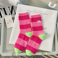 3-Pack Women'S Striped Knit Polyester Socks, Versatile All-Season Embroidered Crew Socks, Machine Washable - KawaSocks