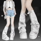 Women'S Y2K Leg Warmers Socks Knitted Star Pattern Punk Japanese Kawaii Wide Leg Set Cute Crochet Out Baggy Flared Leg 80s Arm Warmers Ankle Aesthetic Socks Accessories Streetwear Leg Cover for Fairy Knee High Leg Socks Cutec - KawaSocks