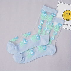 3 Pairs Women Floral Lace Mesh Spring Summer Socks Lightweight Breathable Mid Tube Socks - KawaSocks