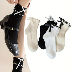 4pcs Versatile Women'S Socks, Mid-calf Lace Socks, Cute Bow Decoration, Women'S Bow Socks, Casual Black, White, Beige, Soft and Breathable Socks, Suitable for All Levels 4, Suitable for Most Shoes - KawaSocks