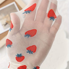 5 Pairs Women'S Knee-Length Socks, Summer Thin Polyamide 100% Crystal Sheer Socks with Lettuce Trim, Fruit & Vegetable Pattern, Cherry & Strawberry Design, Knit Fabric, Machine Washable - KawaSocks