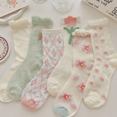 6 Pairs Of Women Mesh Floral Print Lace Trimmed Crew Socks, Soft Comfy Cotton Blend Women's Socks For All Seasons Wearing - KawaSocks