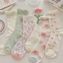 6 Pairs Of Women Mesh Floral Print Lace Trimmed Crew Socks, Soft Comfy Cotton Blend Women's Socks For All Seasons Wearing - KawaSocks