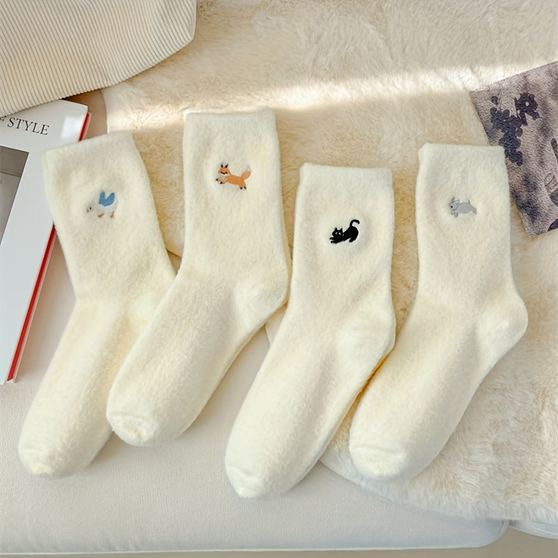 4pcs Cozy Fleece-Lined Women's Socks - Cute Animal Embroidery, Thick & Warm Mid-Calf Winter Home Socks - KawaSocks