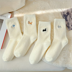 4pcs Cozy Fleece-Lined Women's Socks - Cute Animal Embroidery, Thick & Warm Mid-Calf Winter Home Socks - KawaSocks