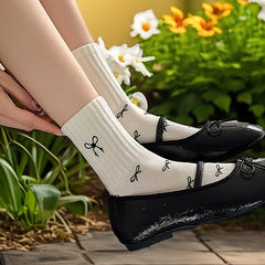 5 Pairs Embroidered Bowknot Socks, Cute Sweet Style Fashionable Versatile Short Socks, Geometric Pattern, Knit Fabric, Polyester 95%, Spandex 5%, Hand Wash Only - KawaSocks